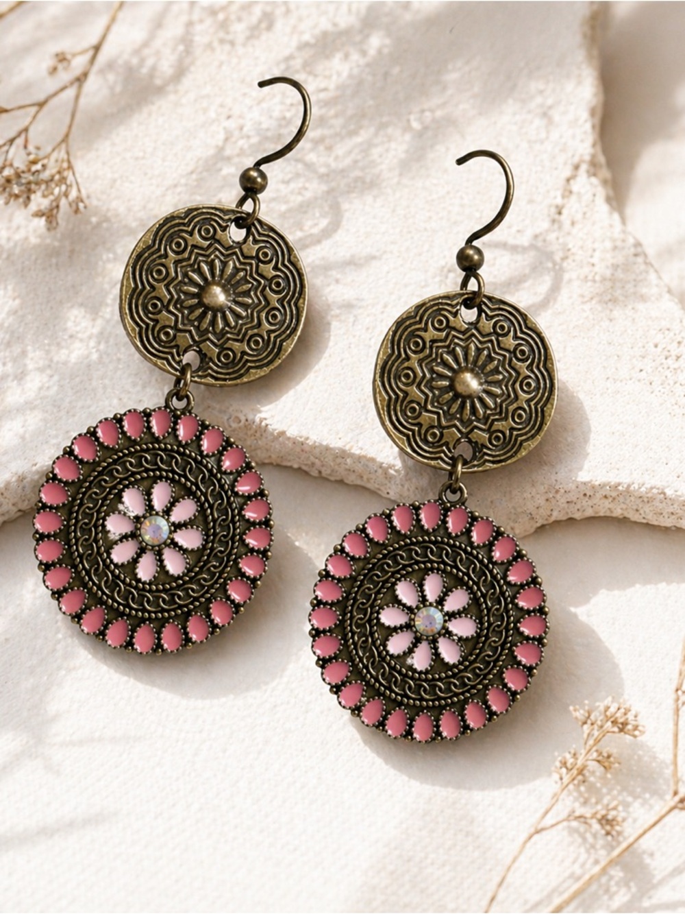 Boho Bronze Pink Medallion Earrings, Floral Dangle, Statement Artisan - Picture 4 of 5